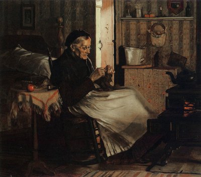 Una anciana tejiendo, c.1893 de John George Brown